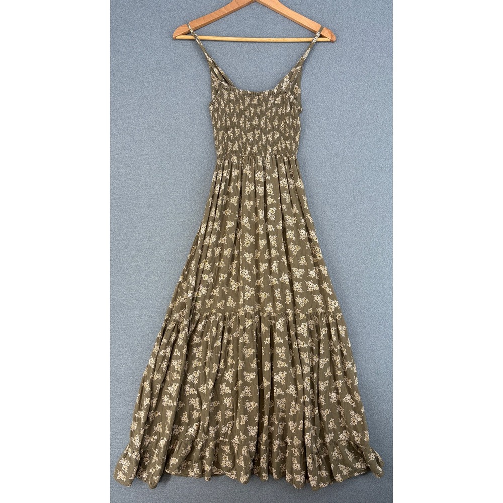 Angie Womens Olive Green Floral Smocked Tiered Boho Midi Dress Small Prairie - Picture 4 of 9